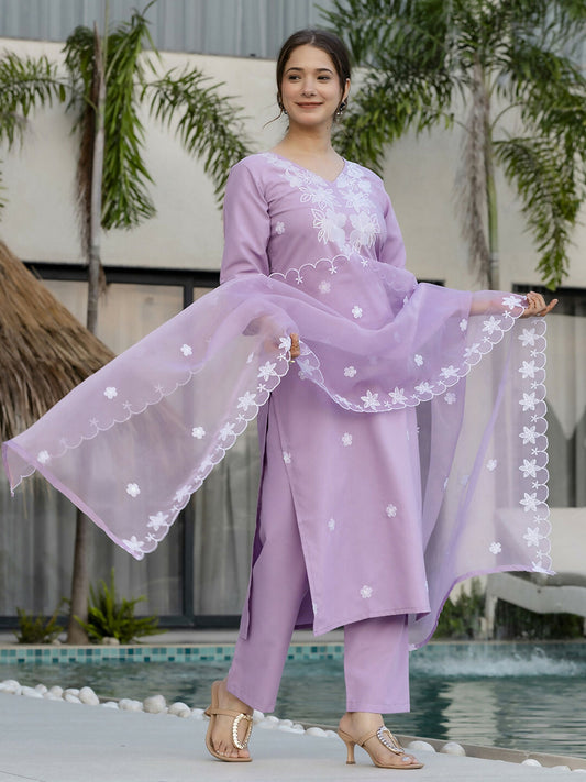 The52 Lavender Women's Beautiful Thread work Rayon Fabric with Straight Kurta, Pant and Dupatta Set - Swadesiicart