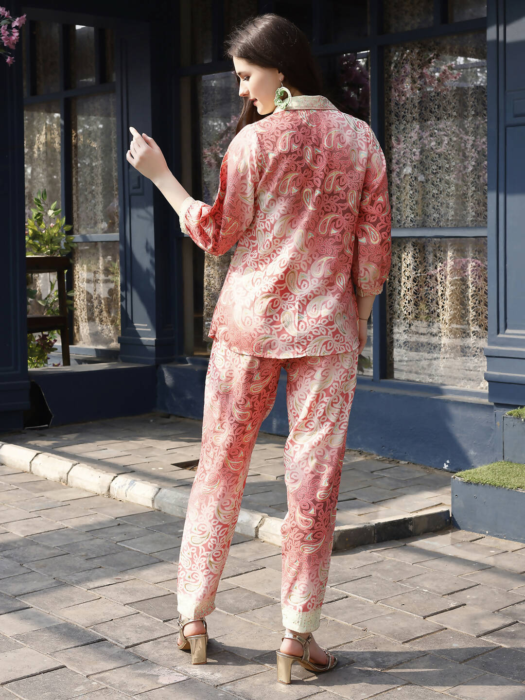 Red & Cream Rayon Paisley Printed Top with Matching Bottom - Eesha - Swadesiicart