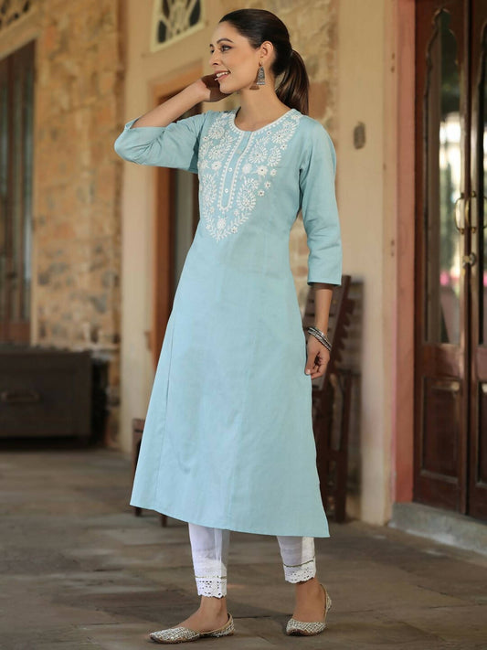 Juniper Women's Blue Cotton Flex Embroidered Straight Kurta | Swadesiicart