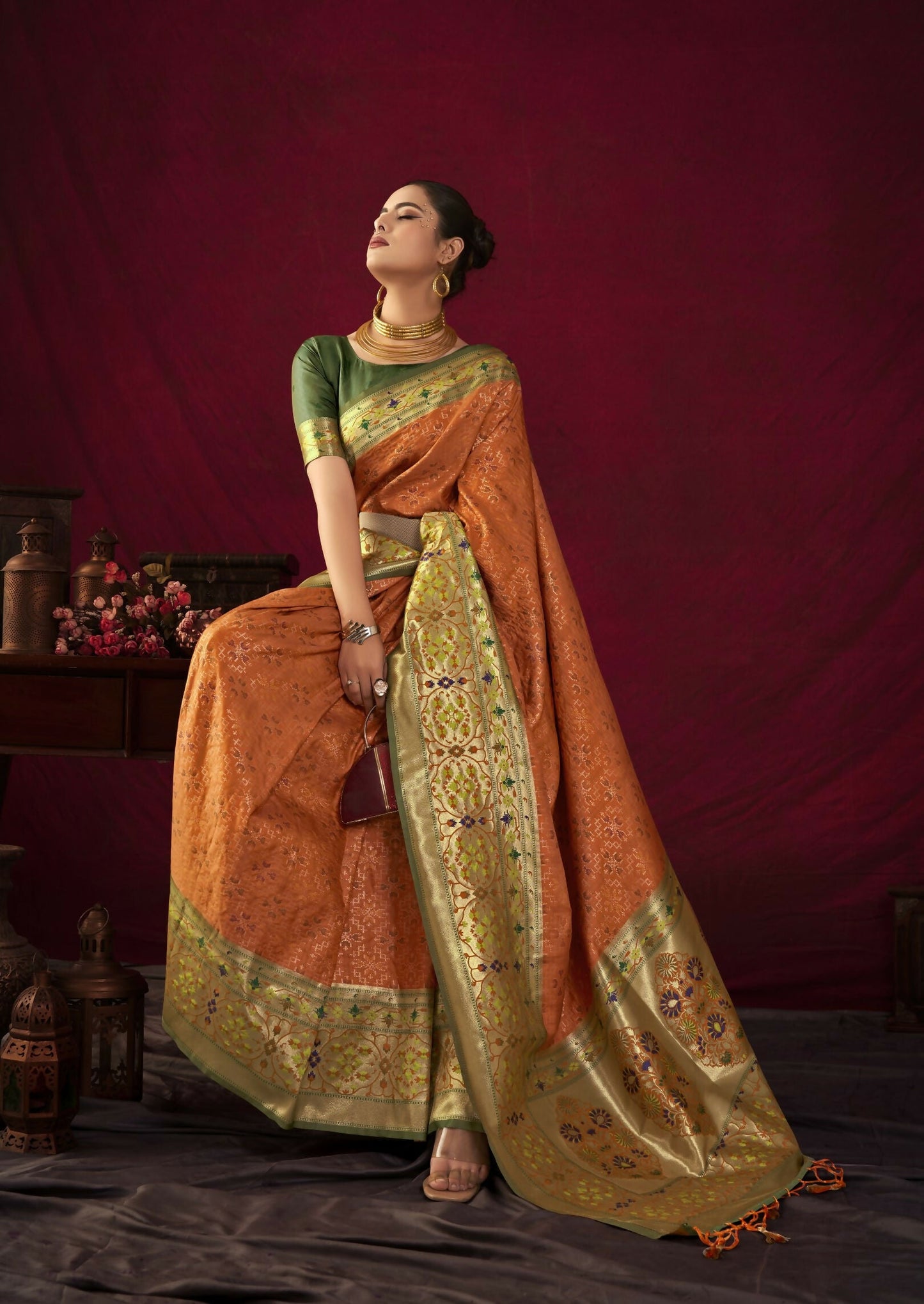 Vishnu Weaves Women's Orange Paithani Silk Saree with Blouse - Swadesiicart