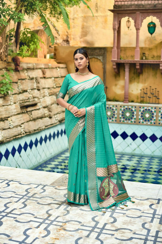 Vishnu Weaves Women's Sea Green Cotton Silk Zari Woven Butta Work Saree with Blouse - Swadesiicart