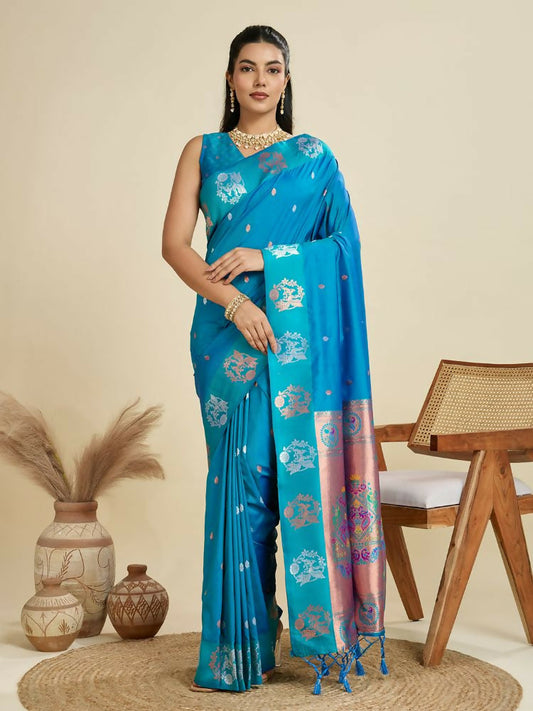 Vishnu Weaves Women's Firozi Banarasi Silk Zari Woven Saree with Blouse - Swadesiicart
