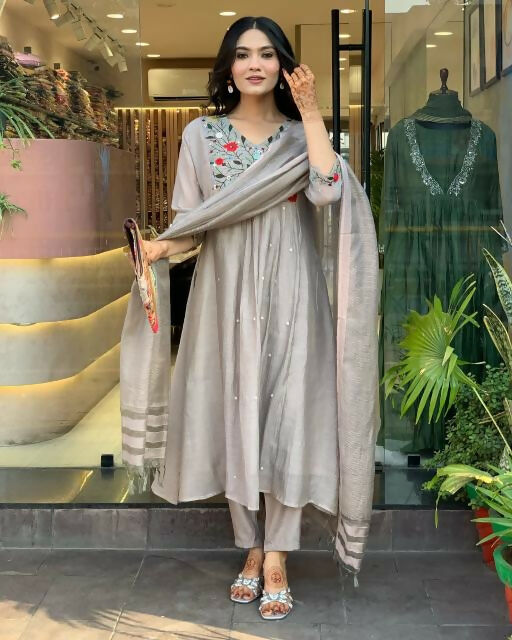 The52 Grey Women's Gorgeous Chinon Viscose Fabric Embroidered Work Straight Kurta Pant and Dupatta Set - Swadesiicart