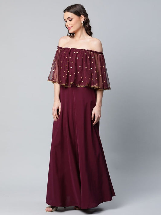 Ahalyaa Women Wine Colour Crepe & Net Gold Printed Dress | Swadesiicart