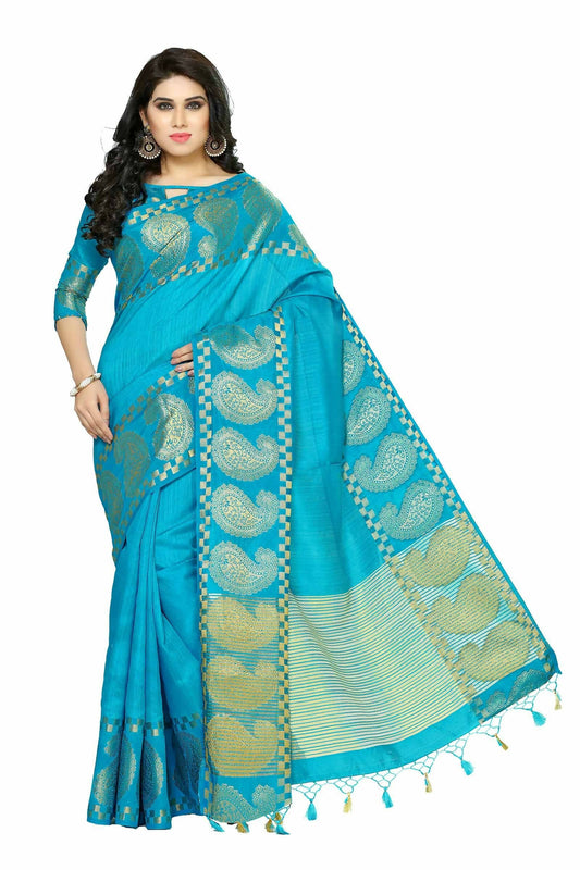 Mimosa Women's Banarasi Tussar Silk Turquoise Blue Saree | Swadesiicart