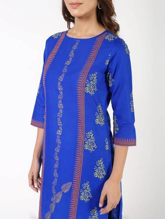 Aniyah Cotton Block Printed Straight Kurta Blue (AN-140K) - Swadesiicart