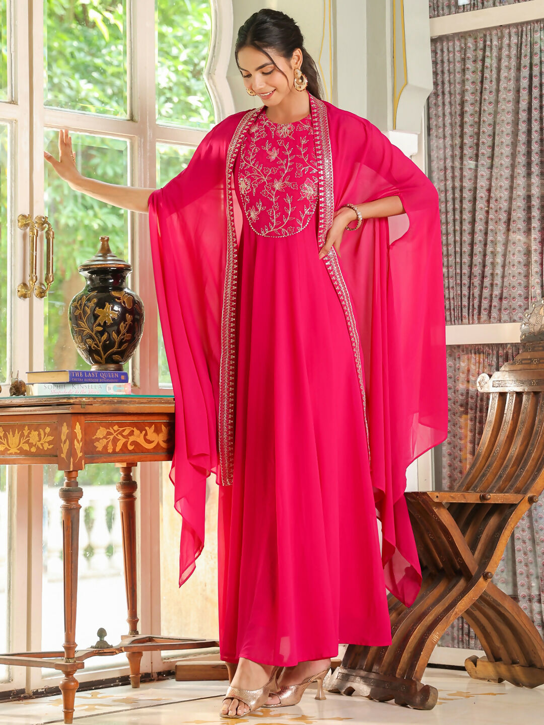 Janasya Pink Georgette Embroidered Dress & Cape | Swadesiicart