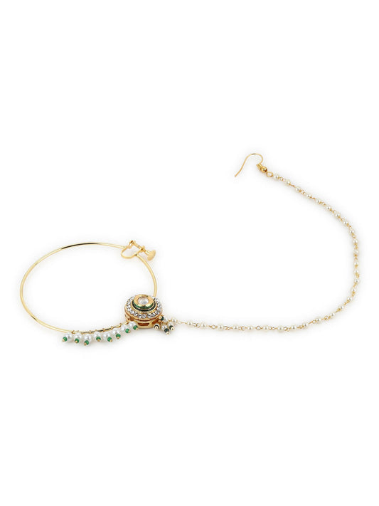 Gold-Polished White Green Kundan-Studded Pearl Beaded Nosepin - Ruby Raang | Swadesiicart