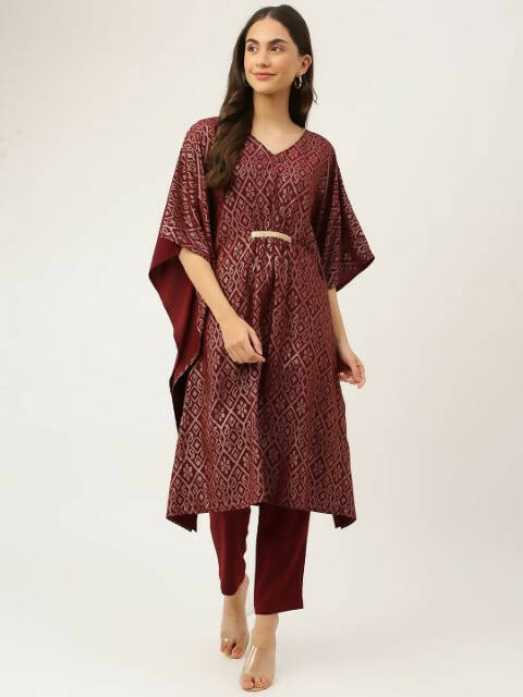 FIORRA Women's Maroon Poly Crepe Kaftan Type Kurta Set - Swadesiicart
