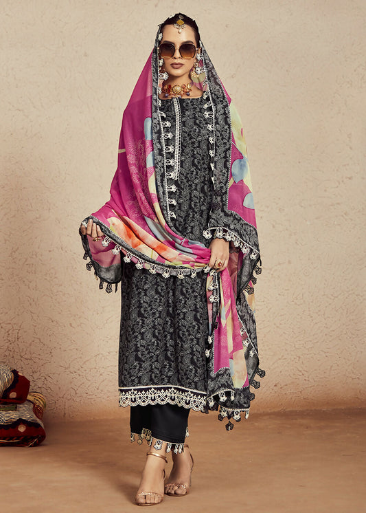 Muslin Cotton Digital Print & Embroidered Black Salwar Suit - Emponline | Swadesiicart