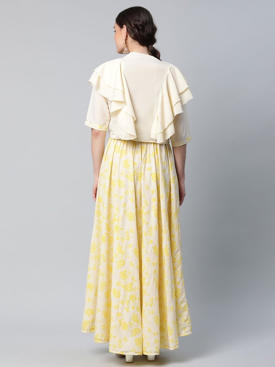 Ahalyaa Women Crepe Cream Solid Top with Printed Skirt with Ruffle Details | Swadesiicart