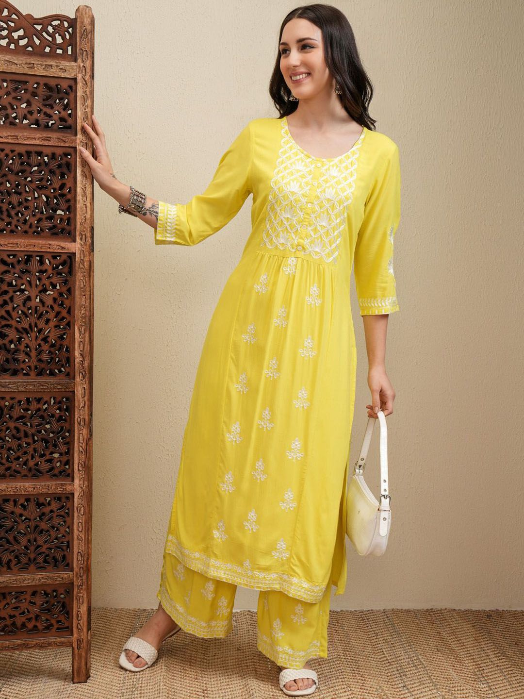 Vishudh Yellow Floral Embroidered Round Neck Thread Work Straight Kurta With Palazzos - Swadesiicart