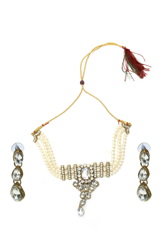 Mominos Fashion Johar Kamal Gold-Polished Brass Finish Kundan/Stone Choker For Women (White) | Swadesiicart