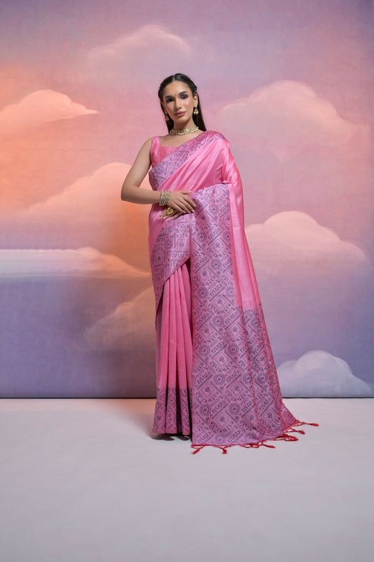 Vishnu Weaves Women's Baby-Pink Handloom Raw Silk Woven Border Saree with Blouse - Swadesiicart