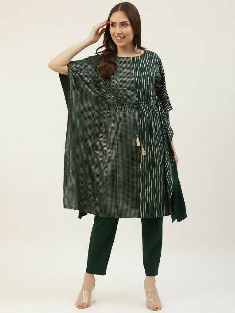 FIORRA Women's Green Poly Crepe Kaftan Type Kurta Set - Swadesiicart