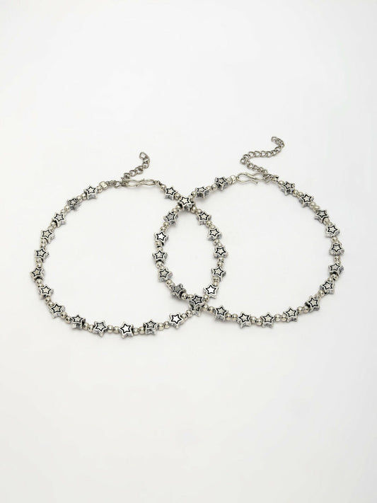 NVR Women's Set of 2 Silver-Plated Star Design Anklets | Swadesiicart