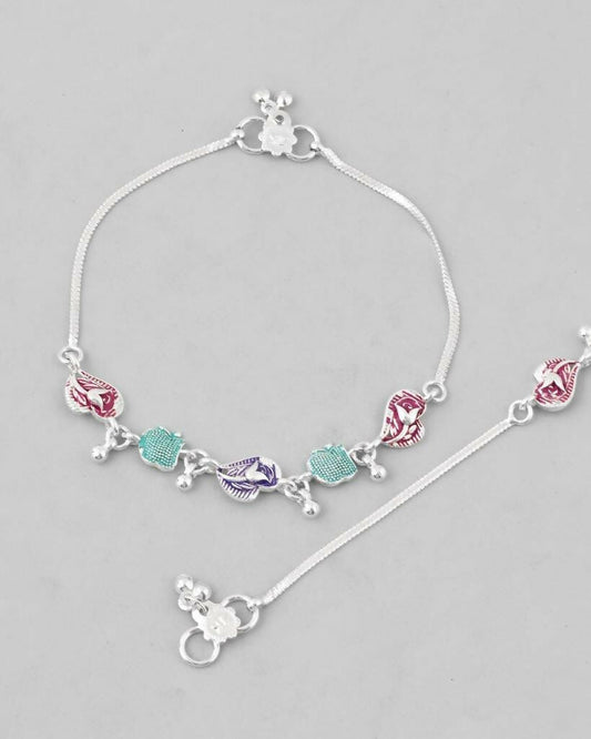 VOJ Set of 2 Silver Plated Designer Multi Color Anklet - Swadesiicart