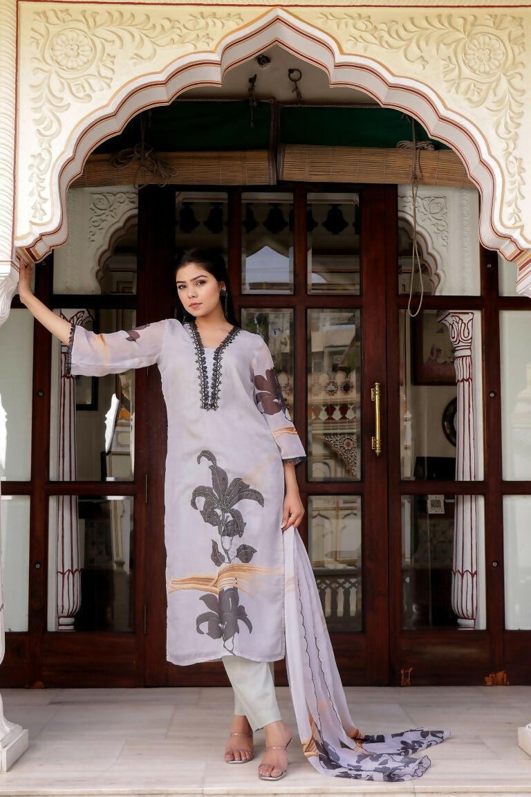 Vaasva Women Grey Tabby Slik Print & Embroidered Kurta, Pant & Dupatta Straight | Swadesiicart