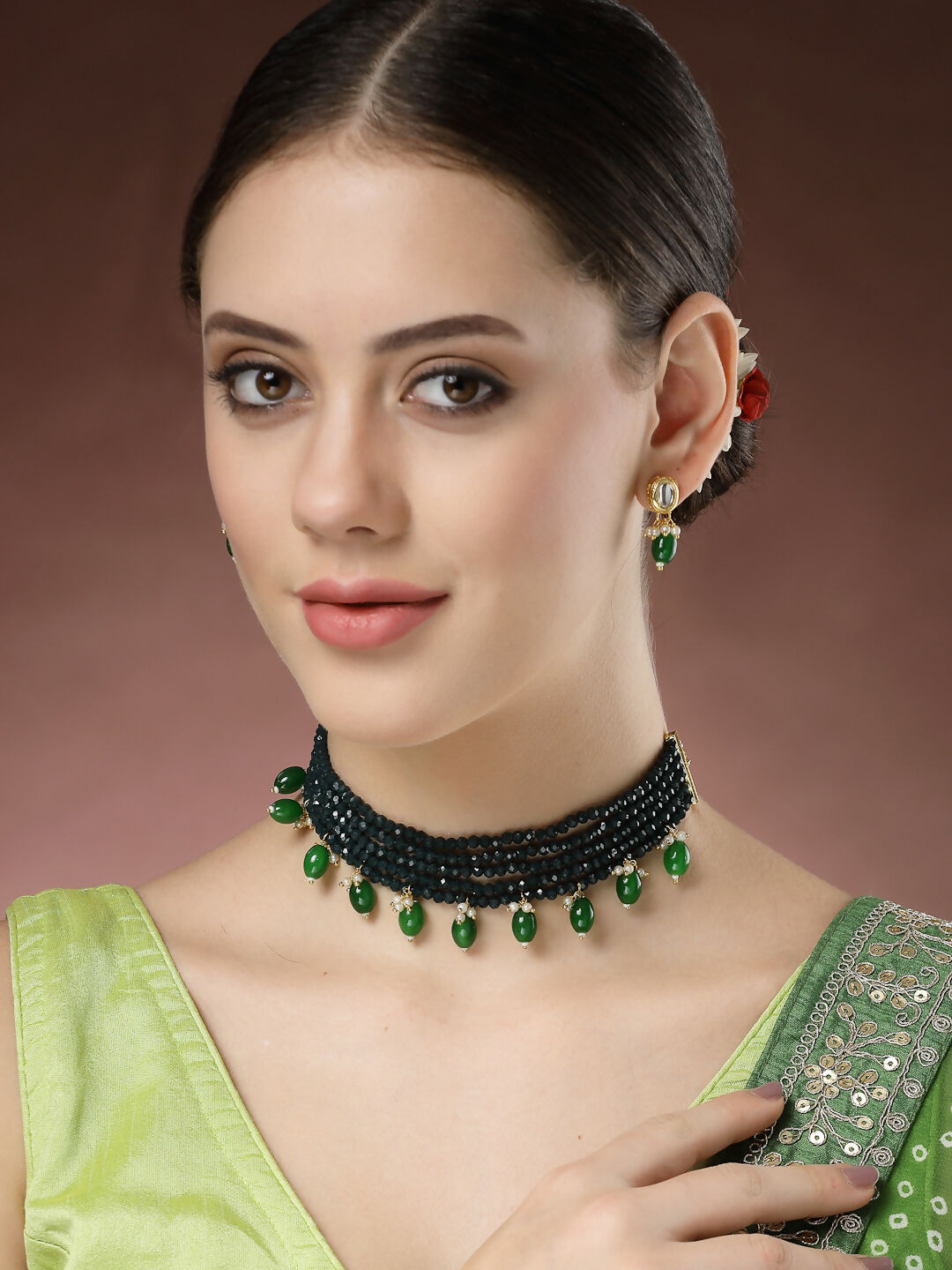 NVR Women's Green Artificial Beads Layered Necklace with Drop Earring - Swadesiicart