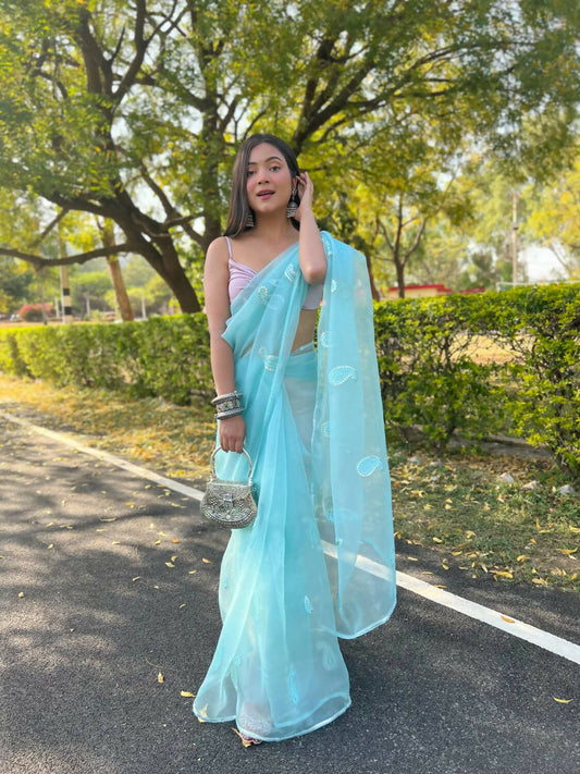 Vamsee Sky Blue Organza Saree - Swadesiicart