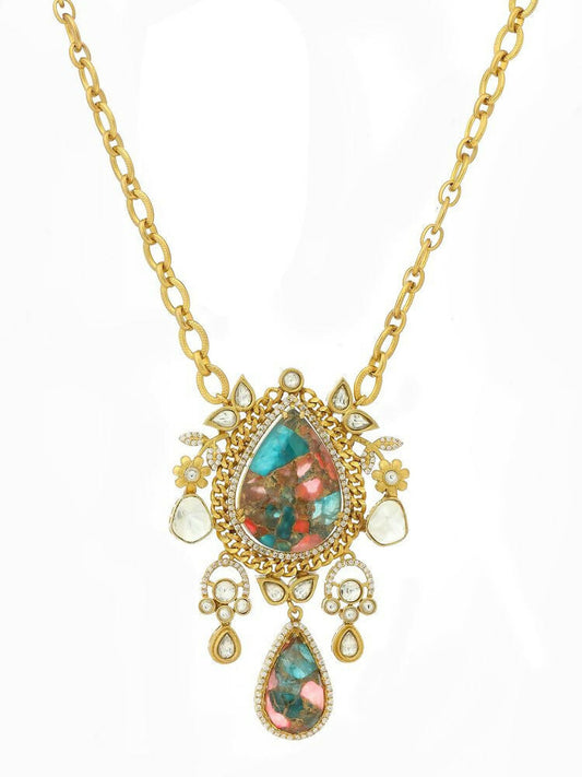 Natural Stones Antique Finish Earrings and Necklace set - Ruby Raang | Swadesiicart