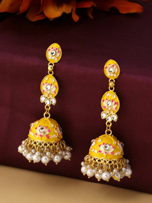 NVR Women Gold-Polished Yellow Jhumkas Earrings | Swadesiicart