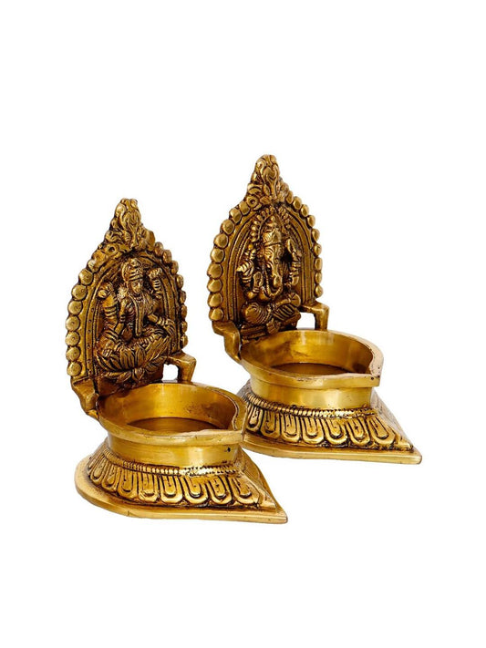 eCraftIndia Set of 2 Gold-Toned Handcrafted Brass Laxmi Ganesha Idol Deepak | Swadesiicart