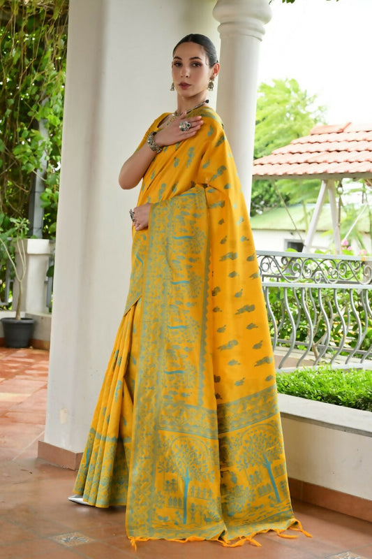 Vishnu Weaves Women's Yellow Handloom Raw Silk Thread Weaving Saree with Blouse - Swadesiicart