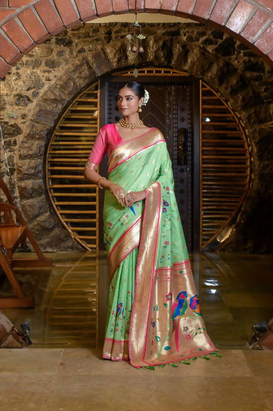 Vishnu Weaves Women's Pista Paithani Silk Zari Woven Saree with Unstitched Blouse - Swadesiicart