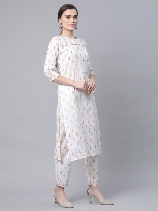 Ahalyaa Women White Pure Cotton Printed Kurta Pant Set | Swadesiicart