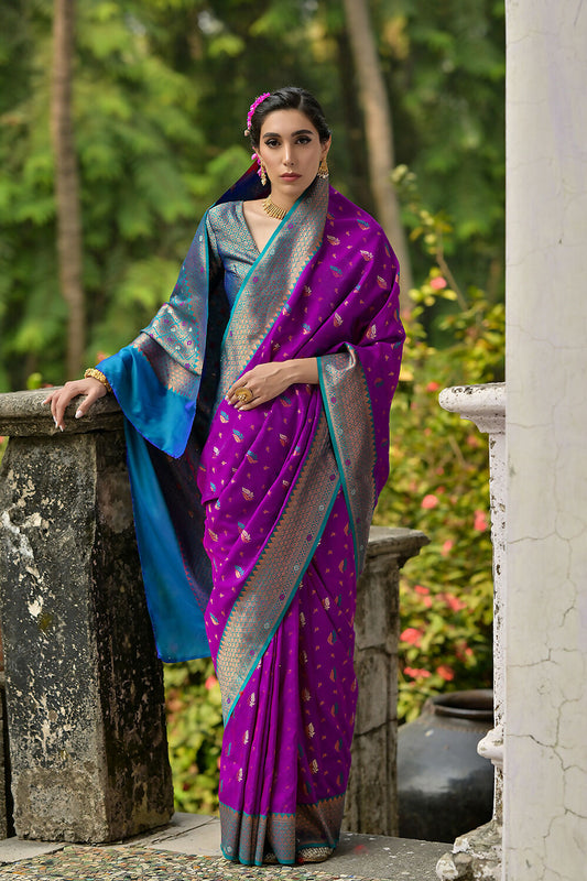 Vishnu Weaves Women's Wine Banarasi Silk Zari Woven Saree with Blouse - Swadesiicart