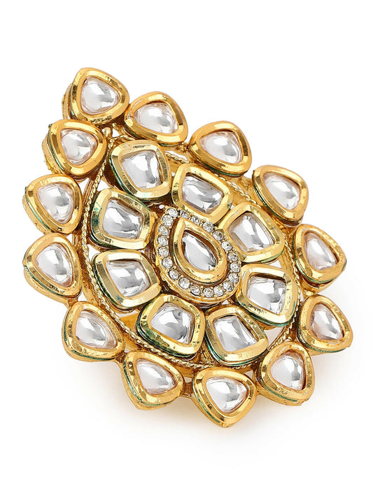 Gold-Polished White Kundan-Studded Adjustable Finger Ring - Ruby Raang | Swadesiicart