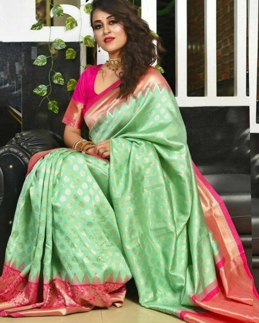 DEIANA'S Beautiful Designer Golden zari Soft Lichi Silk Saree - Pista - Swadesiicart