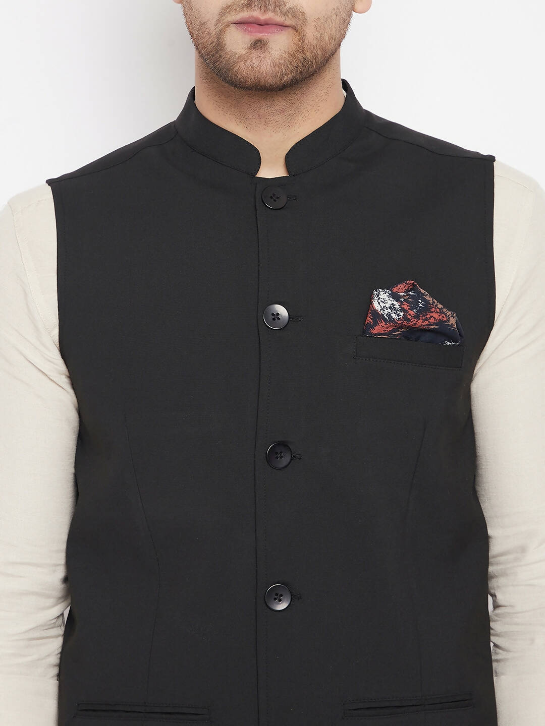 Even Apparels Black Merino Men's Nehru Jacket-Contrast Lining-Inbuilt Pocket Square | Swadesiicart