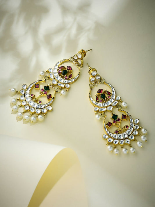 Nuyug 22K Gold-Plated Kundan Studded & Pearl Beaded Layered Chandbalis | Swadesiicart