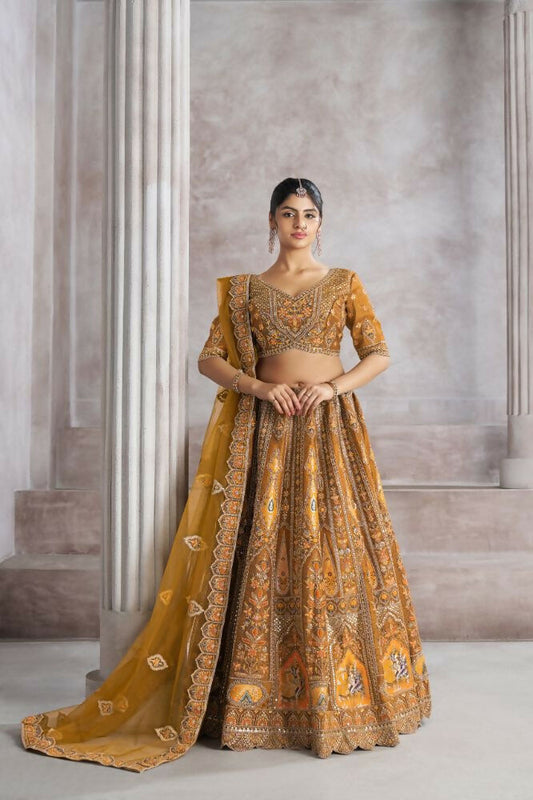 Kesar Fab Dark-Mustard Banarasi Silk Hand_Woven Lehenga | Swadesiicart