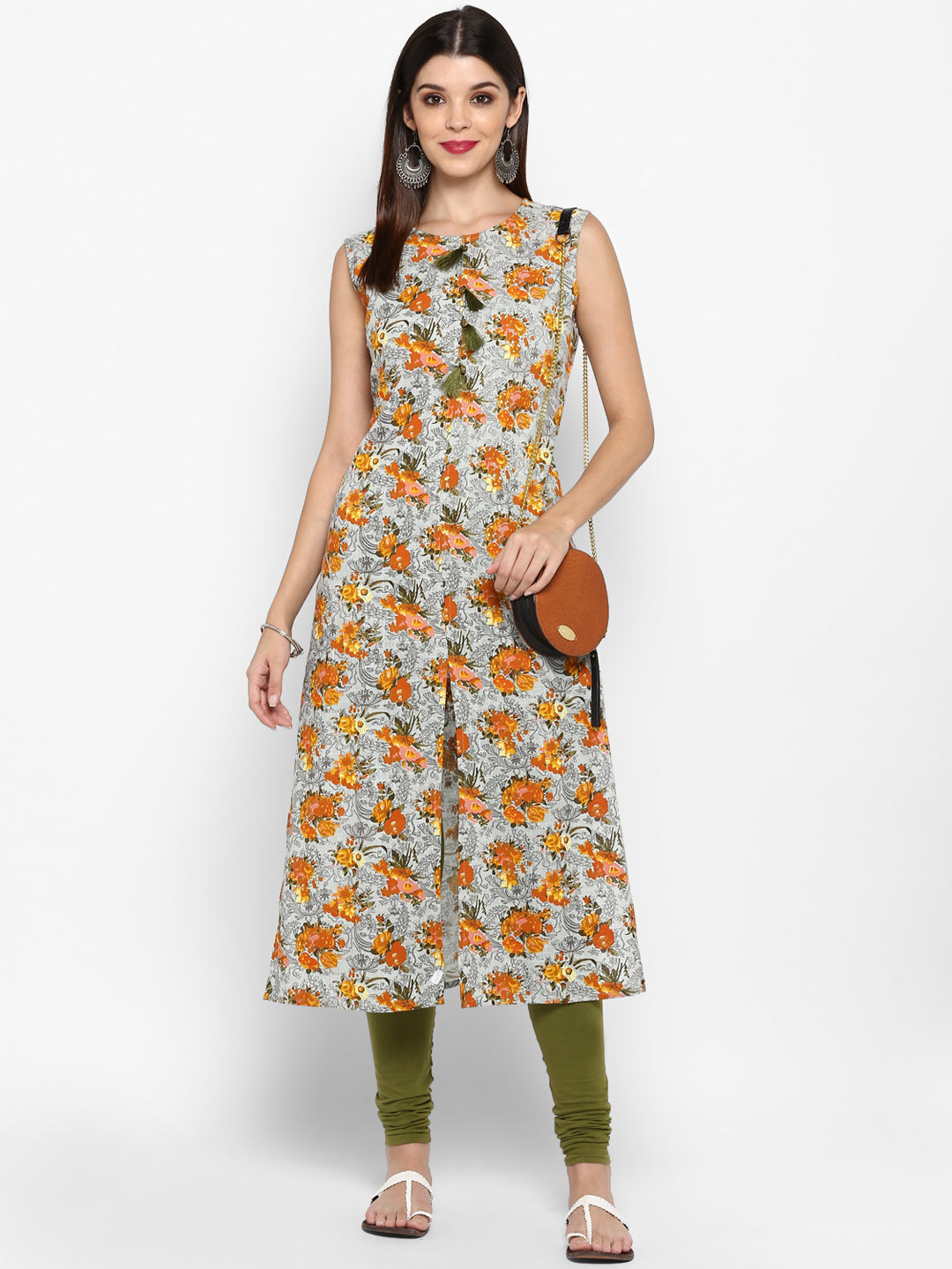 NOZ2TOZ Women's Mustard & Grey Floral Printed Kurta- (1pc set) - Swadesiicart