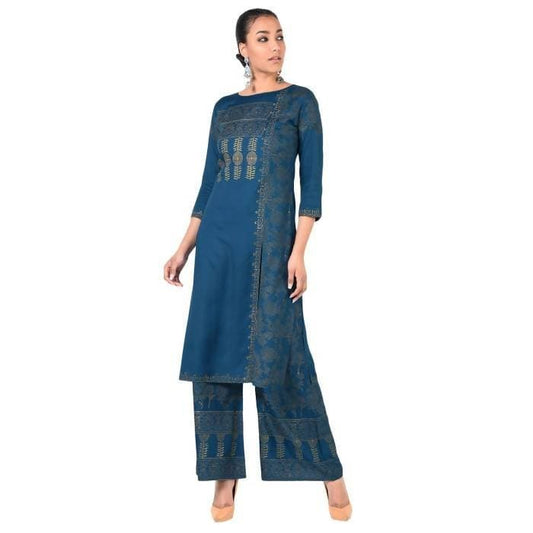 Aniyah Rayon Block Print Front Slit Straight Kurta With Palazzo Set In Blue (AN-166K) | Swadesiicart