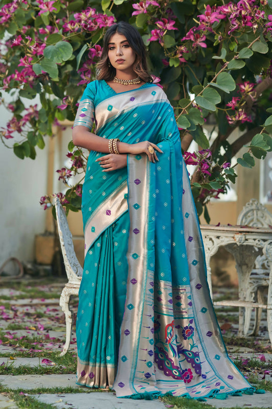 Vishnu Weaves Women's Firozi Banarasi Silk Zari Woven Paithani Saree with Unstitched Blouse - Swadesiicart