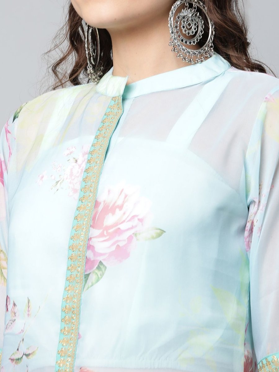 Ahalyaa Women Sea Green Floral Printed Top With Kurta | Swadesiicart