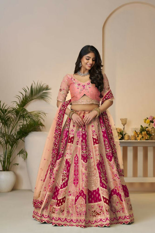Kesar Fab Orange Banarasi Silk Embroidered Lehenga | Swadesiicart