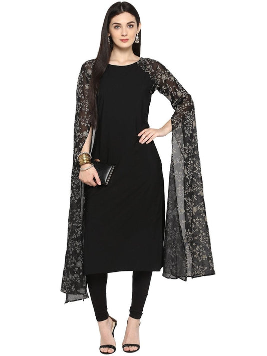 Ahalyaa Women's Black Georgette Rubber Glitter Print Kurta | Swadesiicart