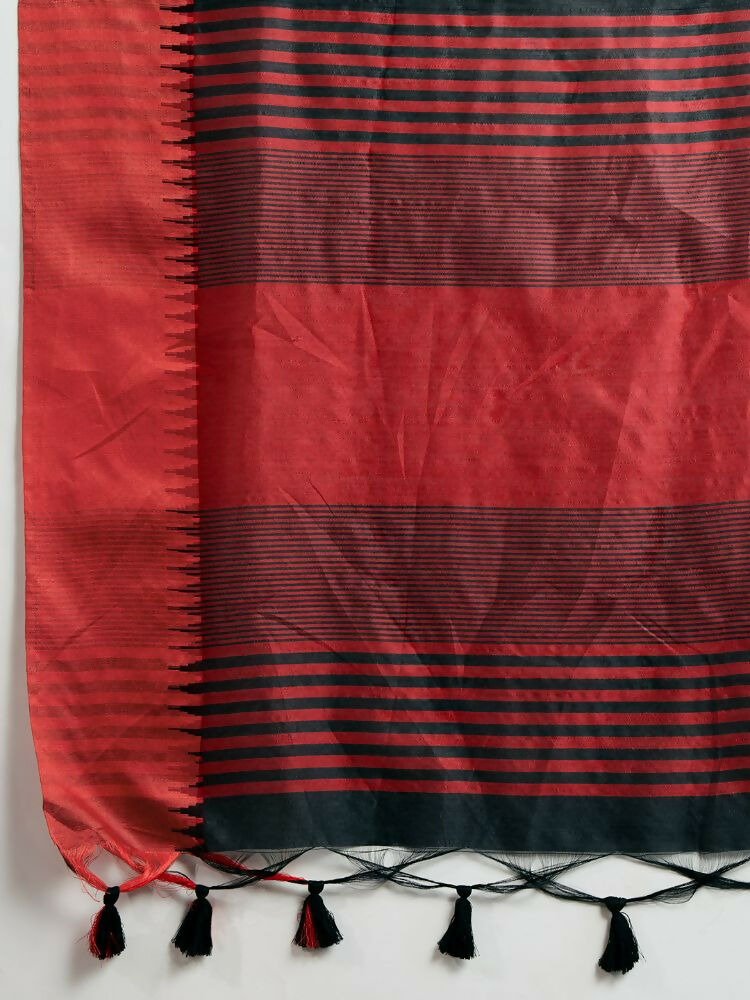 Vishnu Weaves Women's Black Raw Silk Thread Woven Saree with Blouse - Swadesiicart