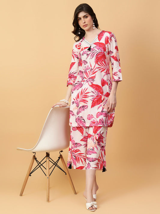 Joban Fashion Red Cotton Printed & Hand Work Co-ord Set - Swadesiicart