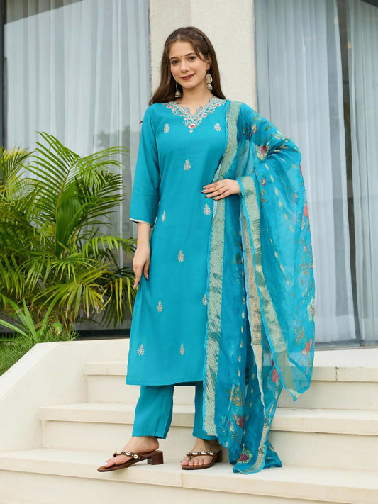 The52 Blue Women's Gorgeous Viscose Fabric Embroidered Work Straight Kurta, Pant and Dupatta Set - Swadesiicart