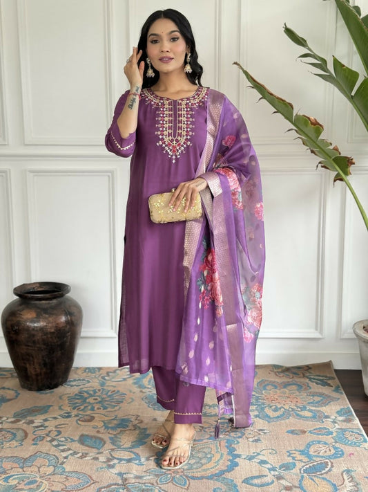Purple Viscose chanderi Stitched Suit With Dupatta - Tanisha | Swadesiicart