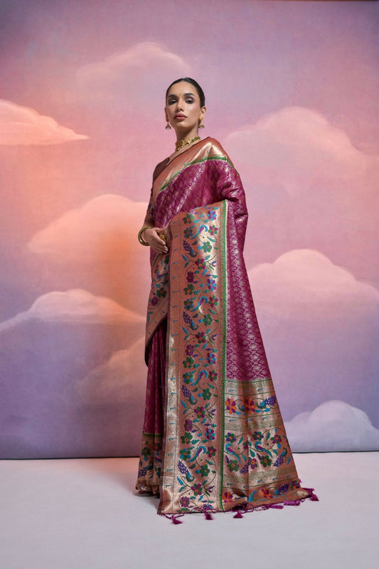 Vishnu Weaves Women's Wine Paithani Silk Zari Woven Saree with Blouse - Swadesiicart