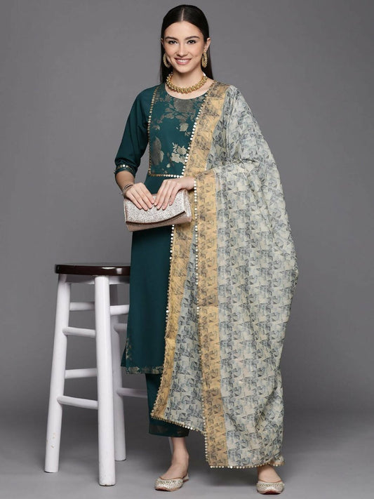 Ahalyaa Womens Dark Green Crepe Smoke Printed Kurta Pant Set With Dupatta | Swadesiicart