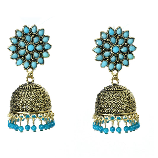 Mominos Fashion Johar Kamal Beautiful Kundan Work Jhumka With Sky Blue Beads