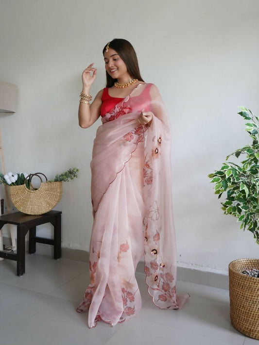 Vamsee Mudra Peach Organza Saree - Swadesiicart